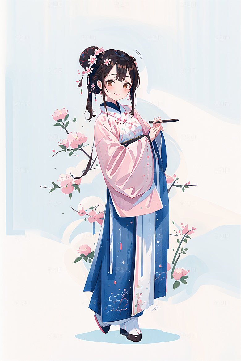 简约风汉服可爱扁平化少女插画