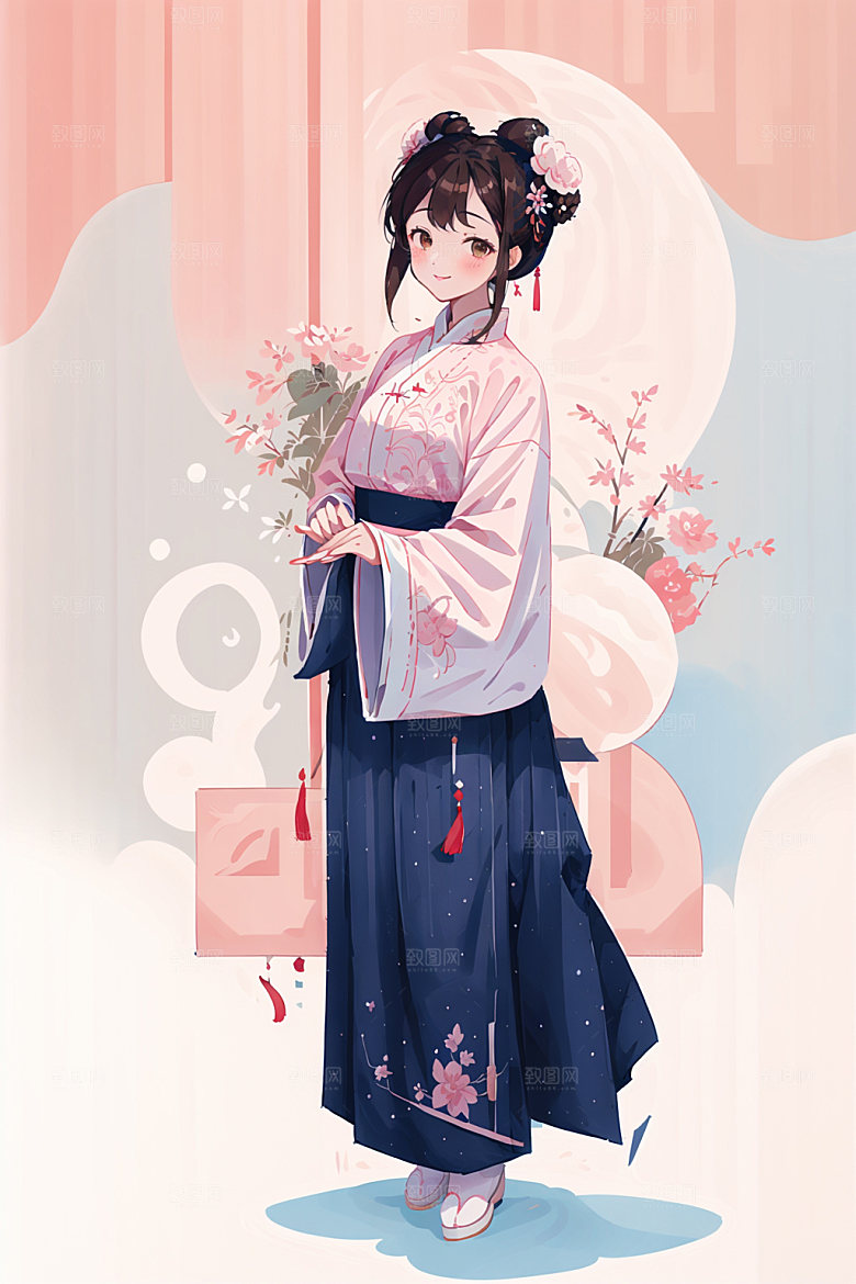 简约风汉服甜美可爱少女插画