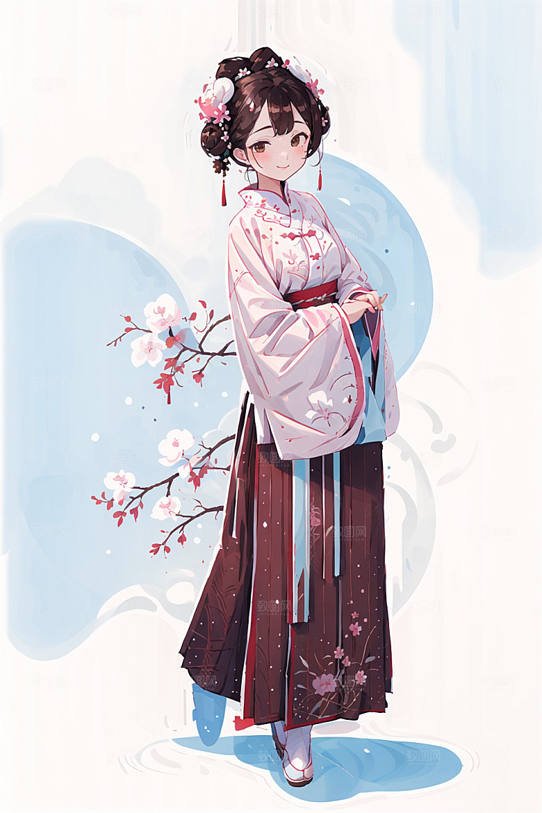 简约风汉服扁平化几何背景少女插画