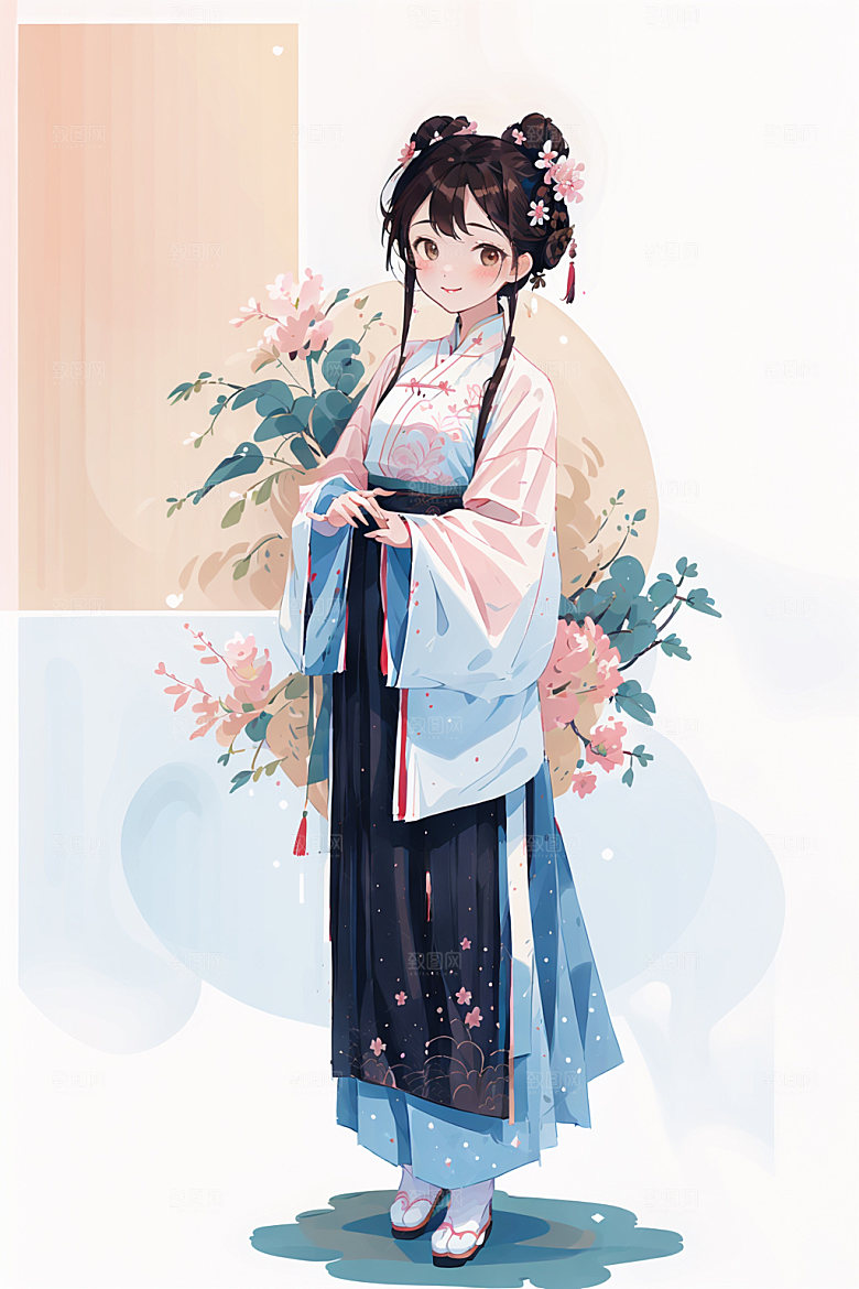 简约风汉服可爱扁平化少女插画