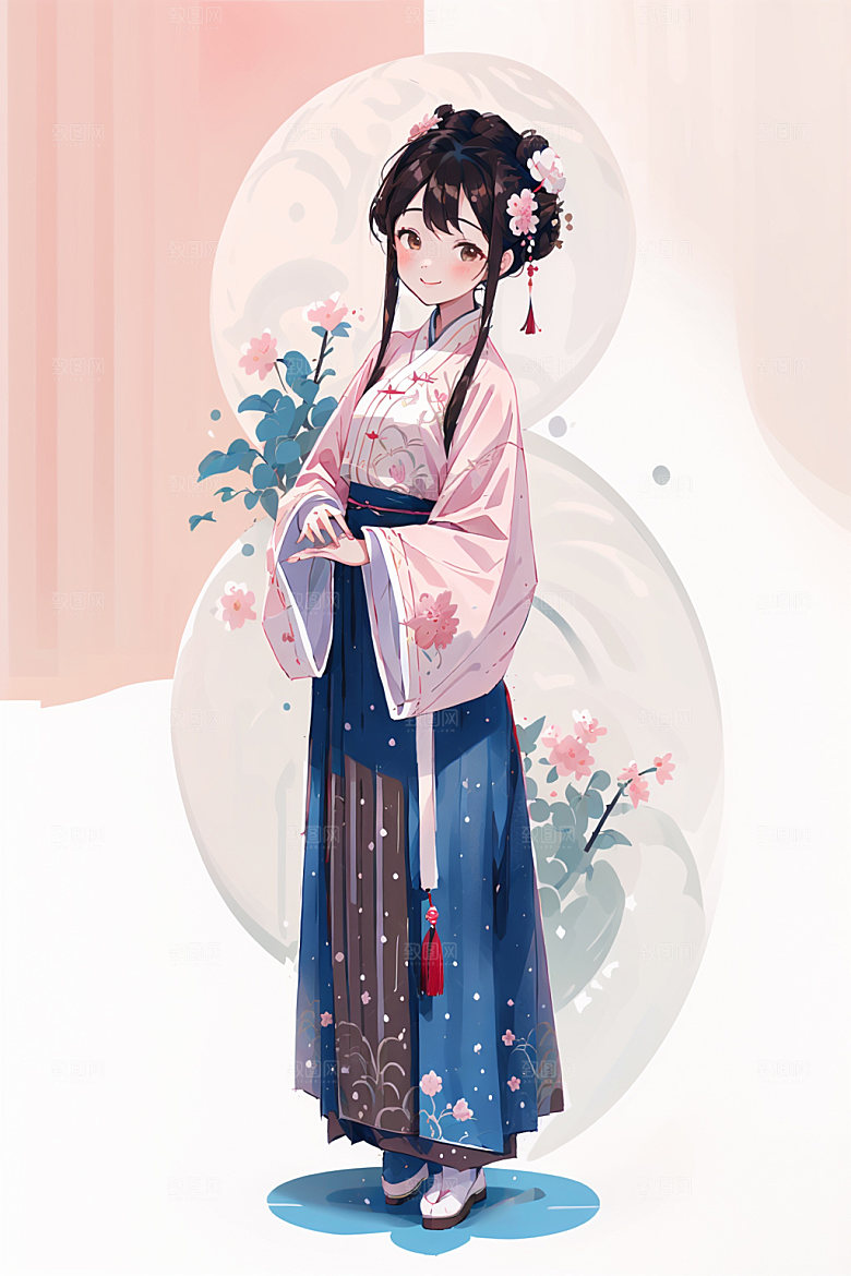 简约风汉服甜美扁平化少女插画