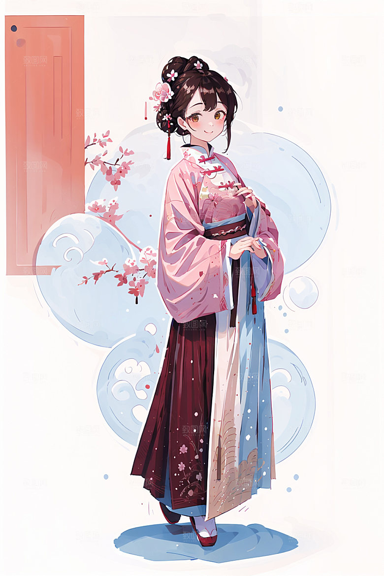 简约风汉服中国风扁平化少女插画