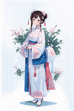 简约风汉服中国风扁平化少女插画