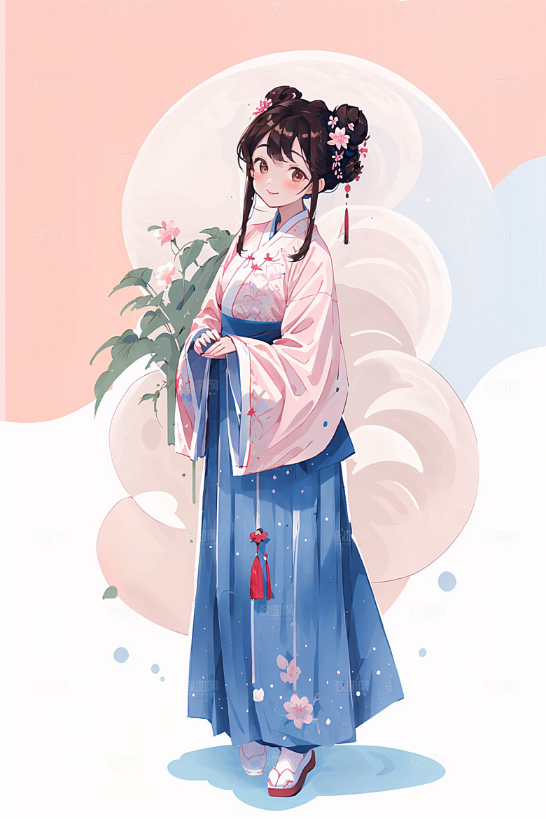 简约风汉服中国风甜美少女插画