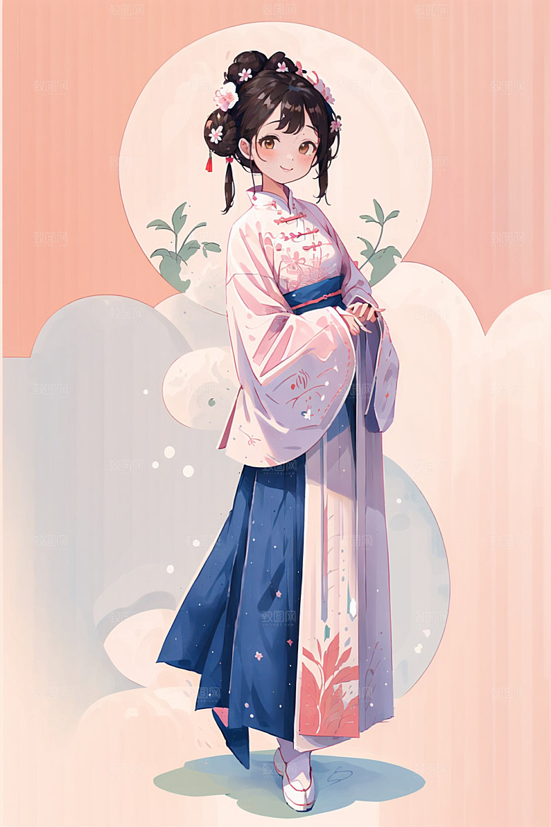 简约风汉服几何背景甜美少女插画