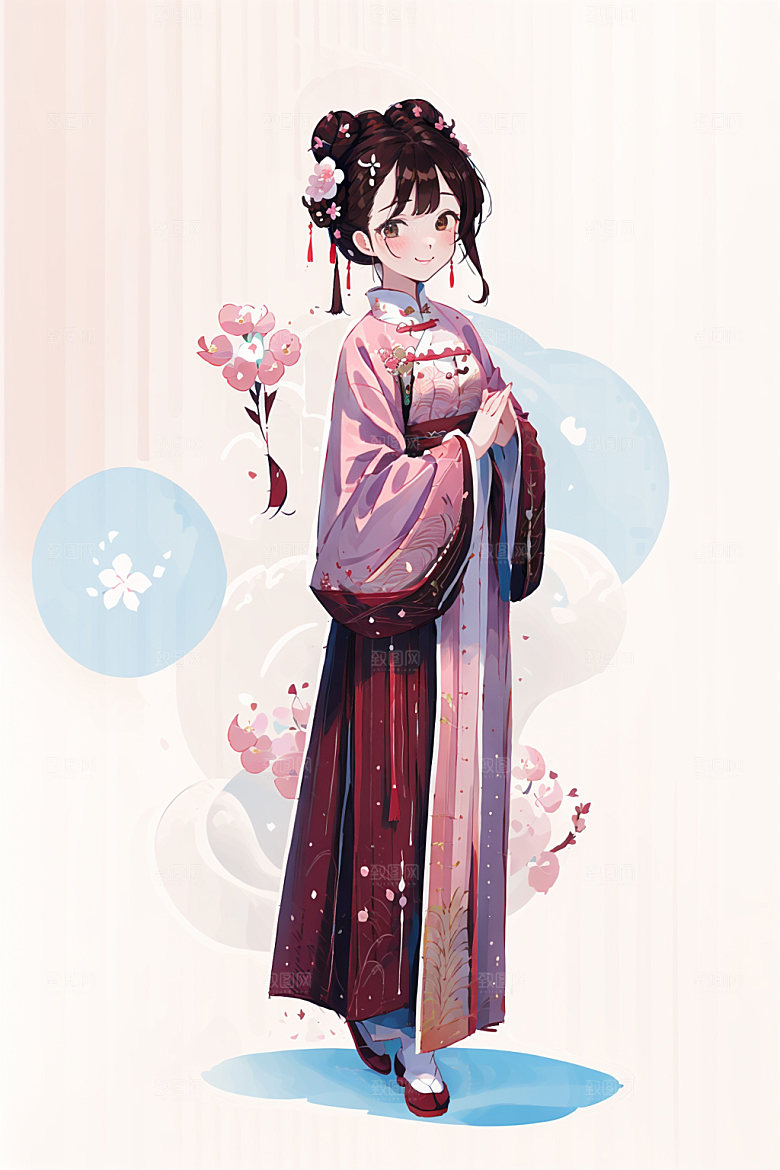 简约风汉服扁平化形象少女插画