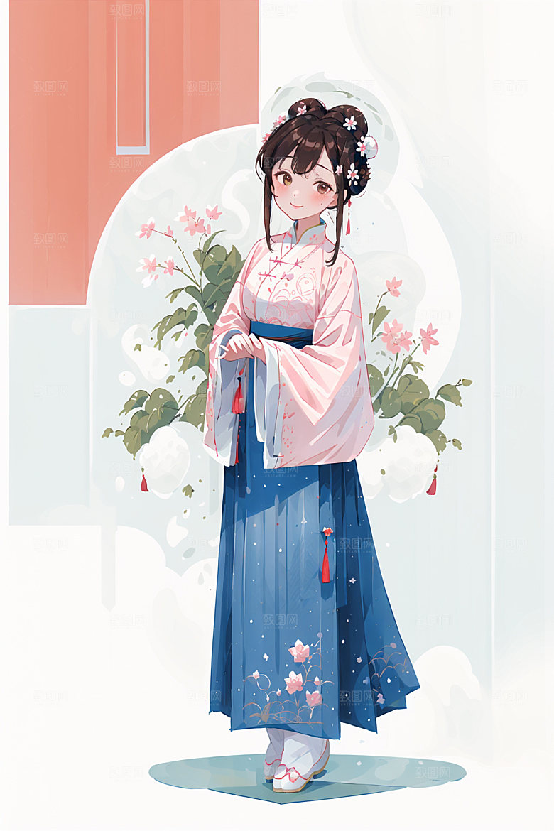 简约风汉服扁平化形象少女插画
