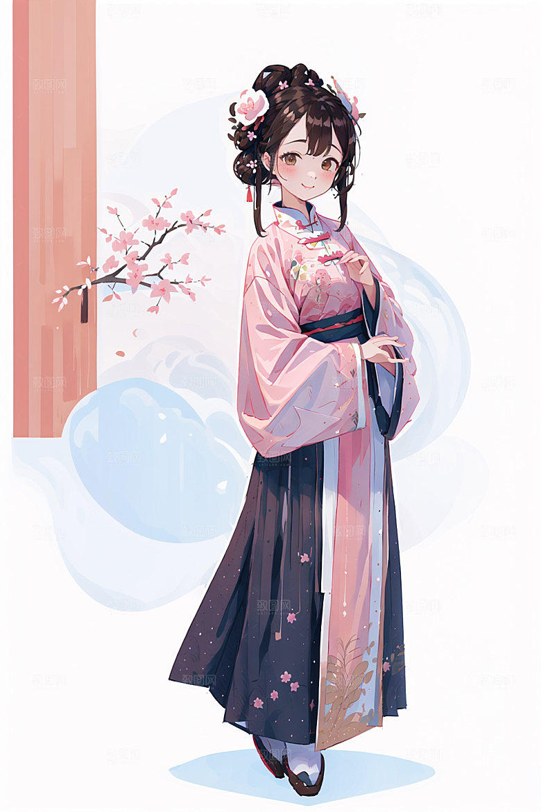 简约风汉服形象几何背景少女插画