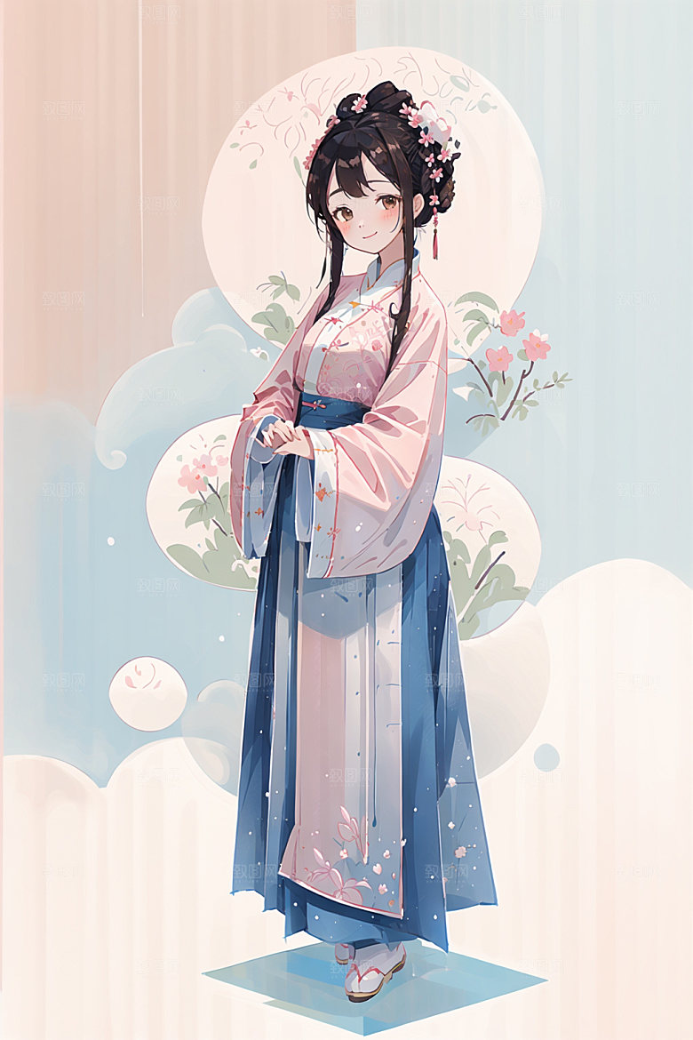 简约风汉服中国风甜美少女插画