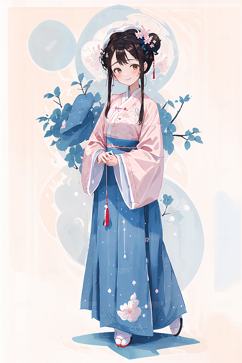 简约风汉服可爱扁平化少女插画