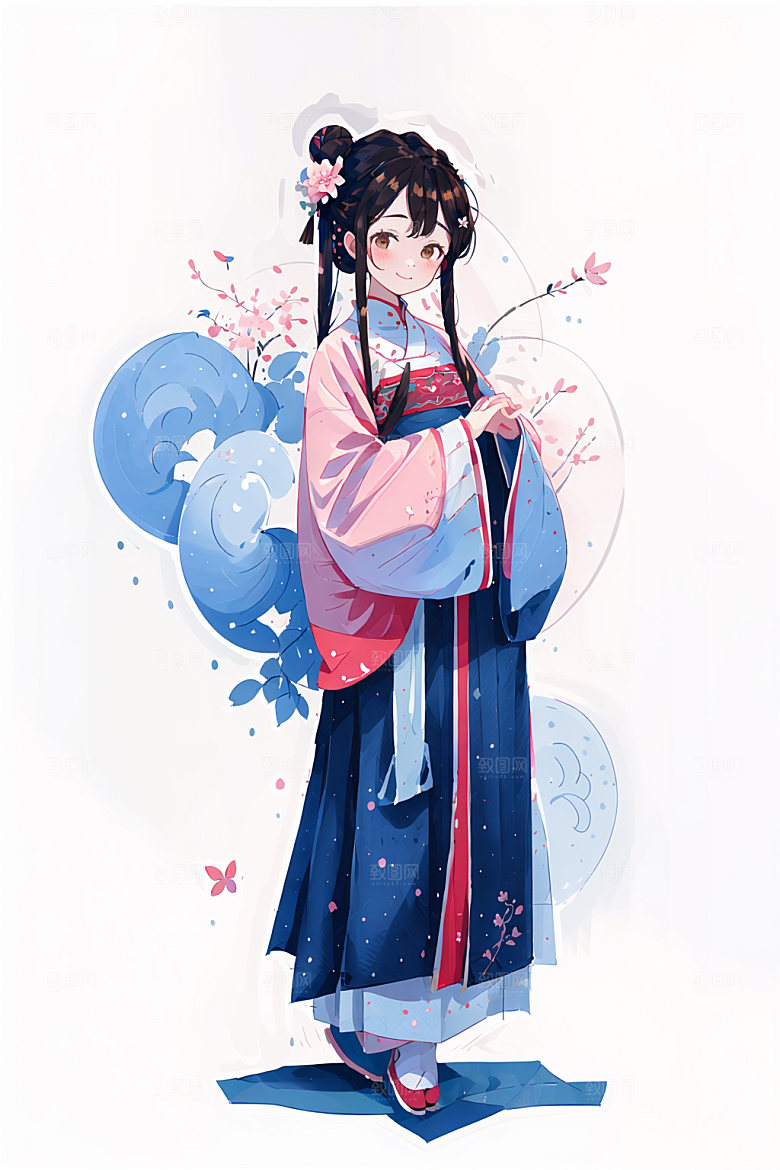 简约风汉服甜美扁平化少女插画
