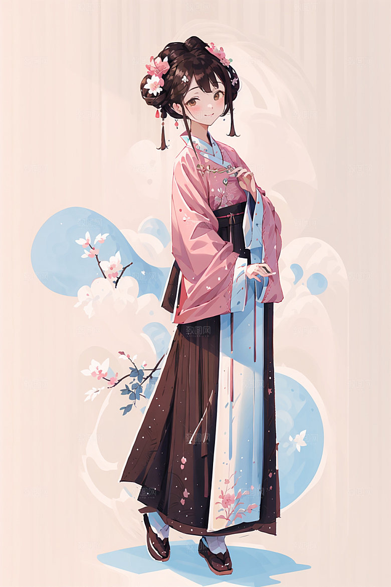 简约风汉服形象几何背景少女插画