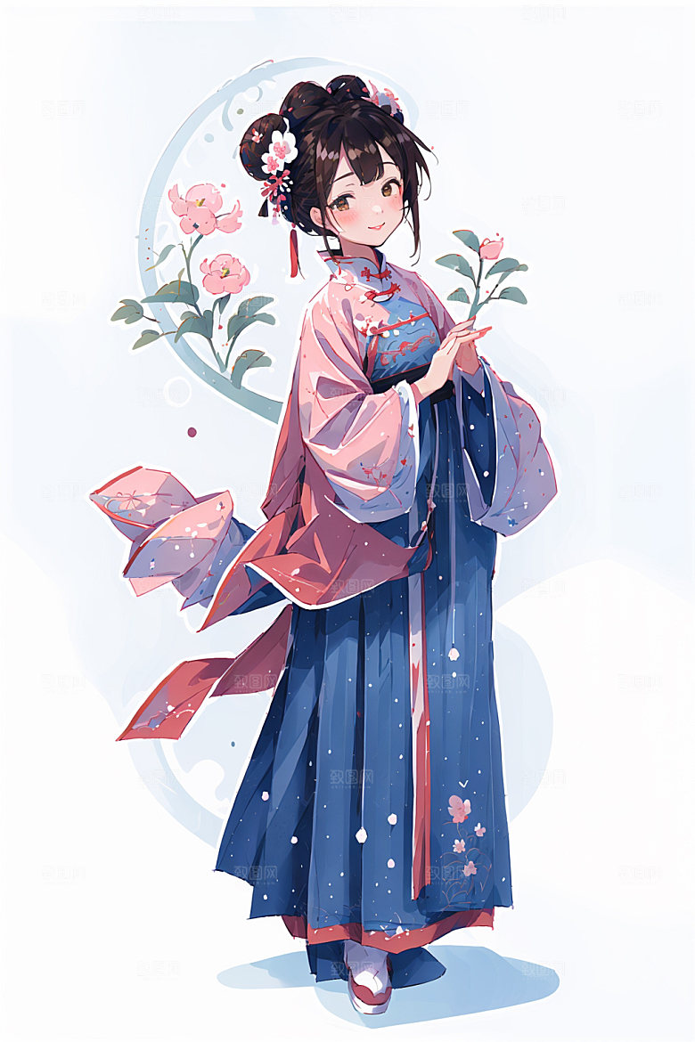 简约风汉服扁平化甜美少女插画