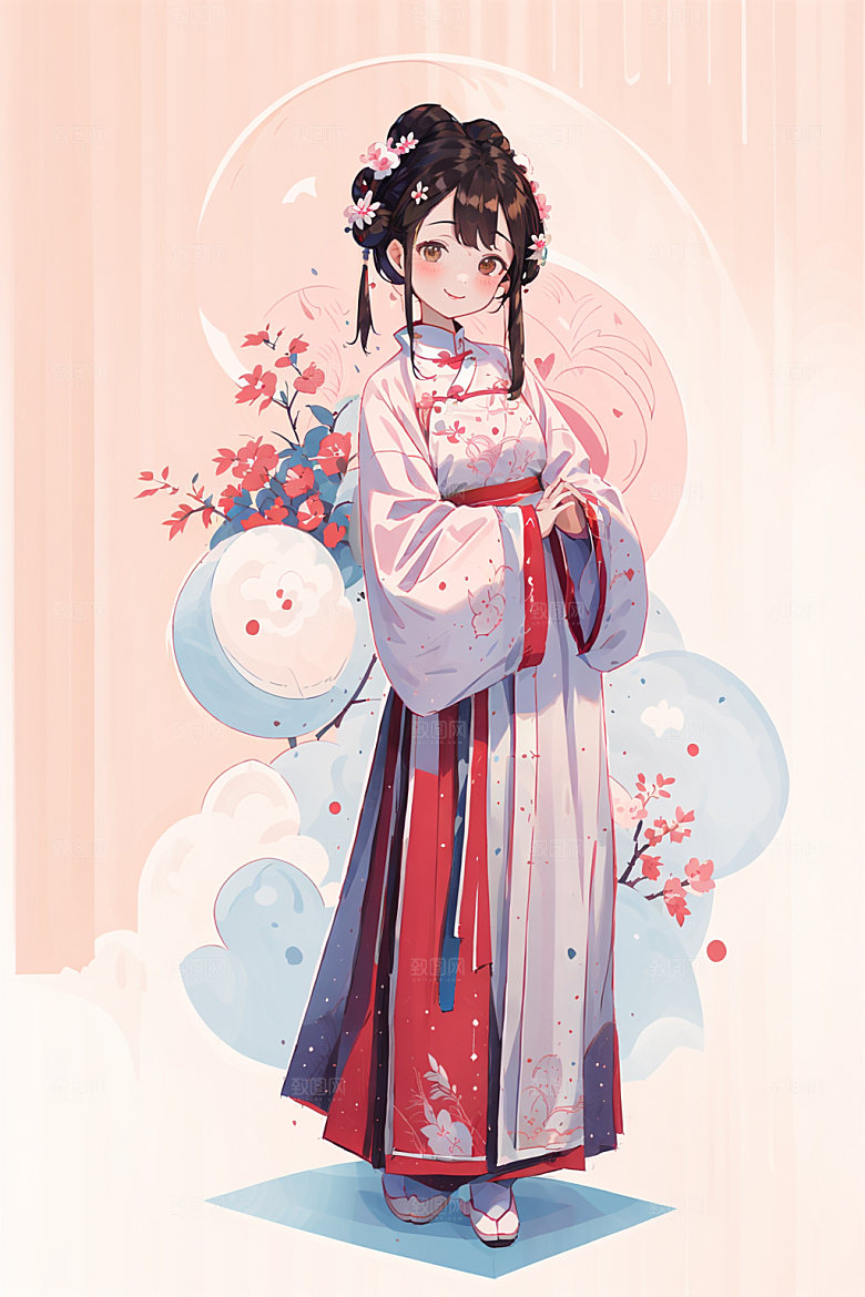 简约风汉服几何背景形象少女插画