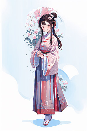 简约风汉服中国风扁平化少女插画