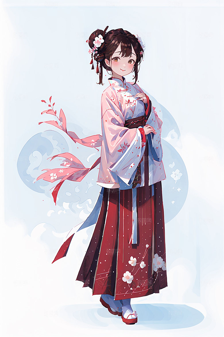 简约风汉服几何背景可爱少女插画