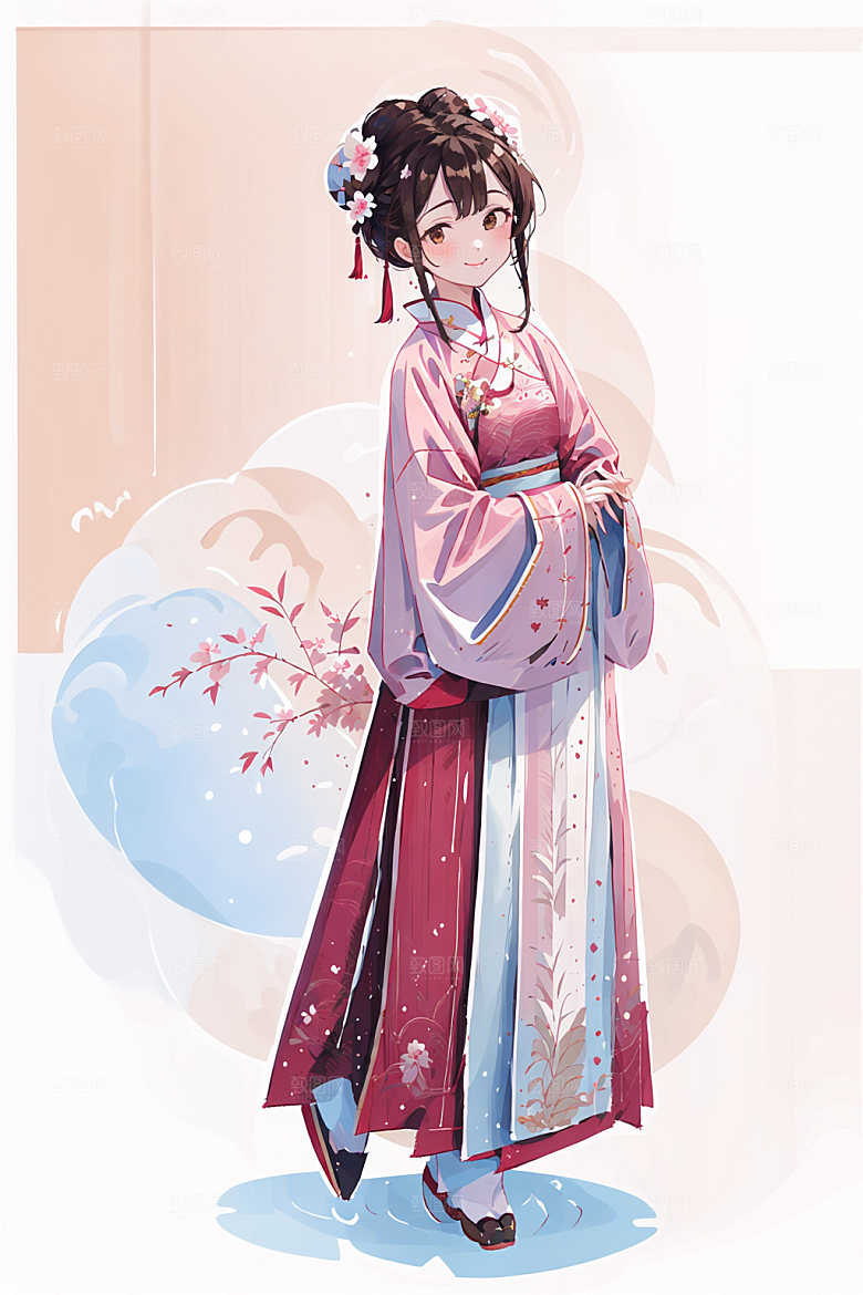 简约风汉服扁平化甜美少女插画