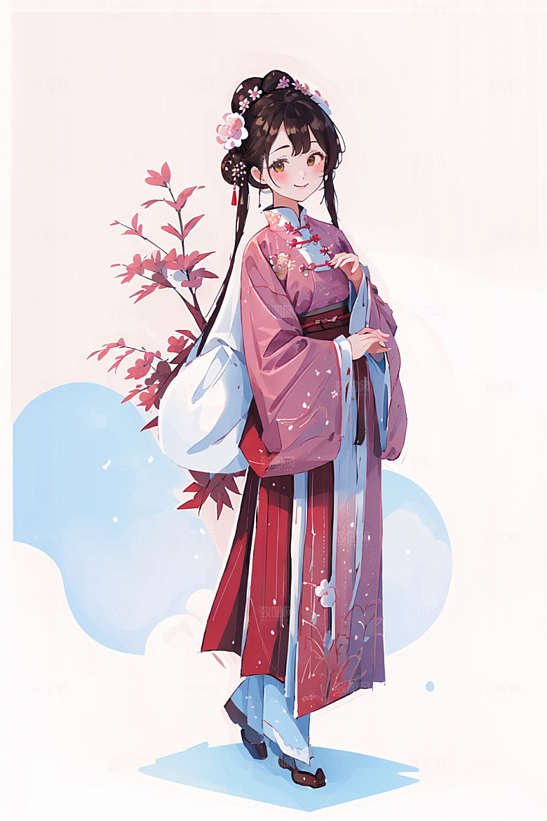 简约风汉服古风扁平化少女插画