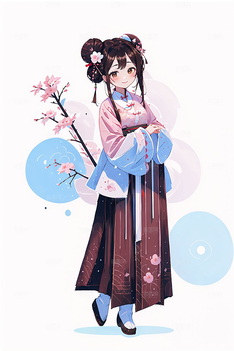 简约风汉服扁平化古风少女插画