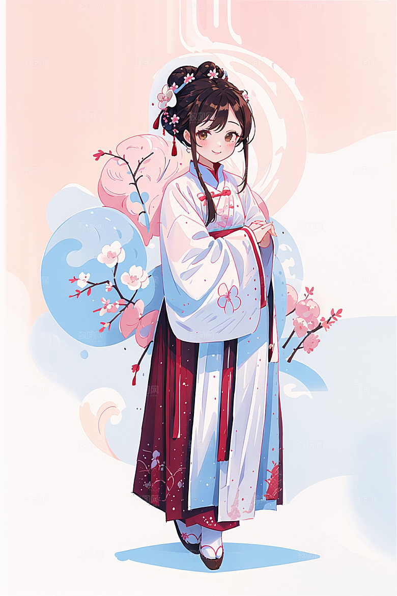 简约风汉服中国风扁平化少女插画