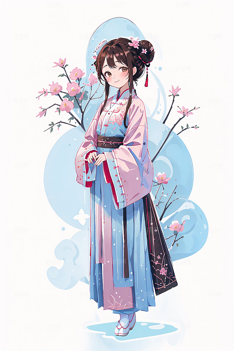 简约风汉服古风几何背景少女插画