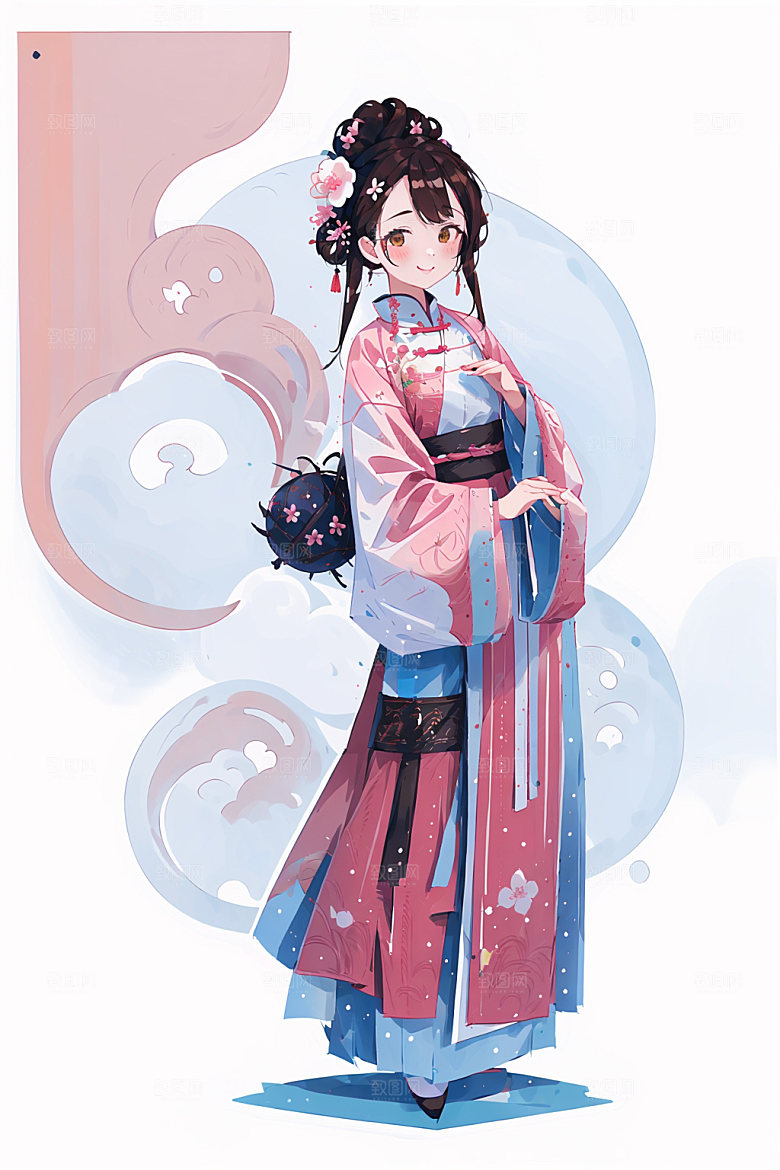 简约风汉服可爱几何背景少女插画