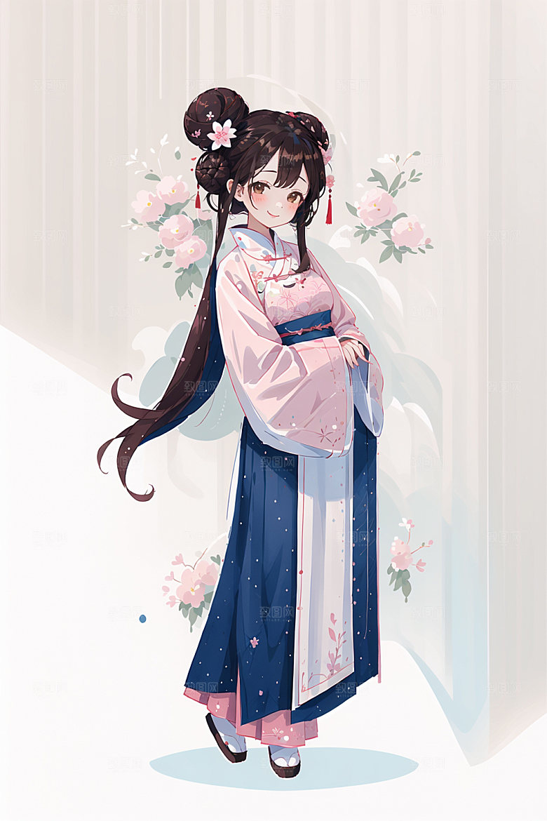 简约风汉服扁平化几何背景少女插画