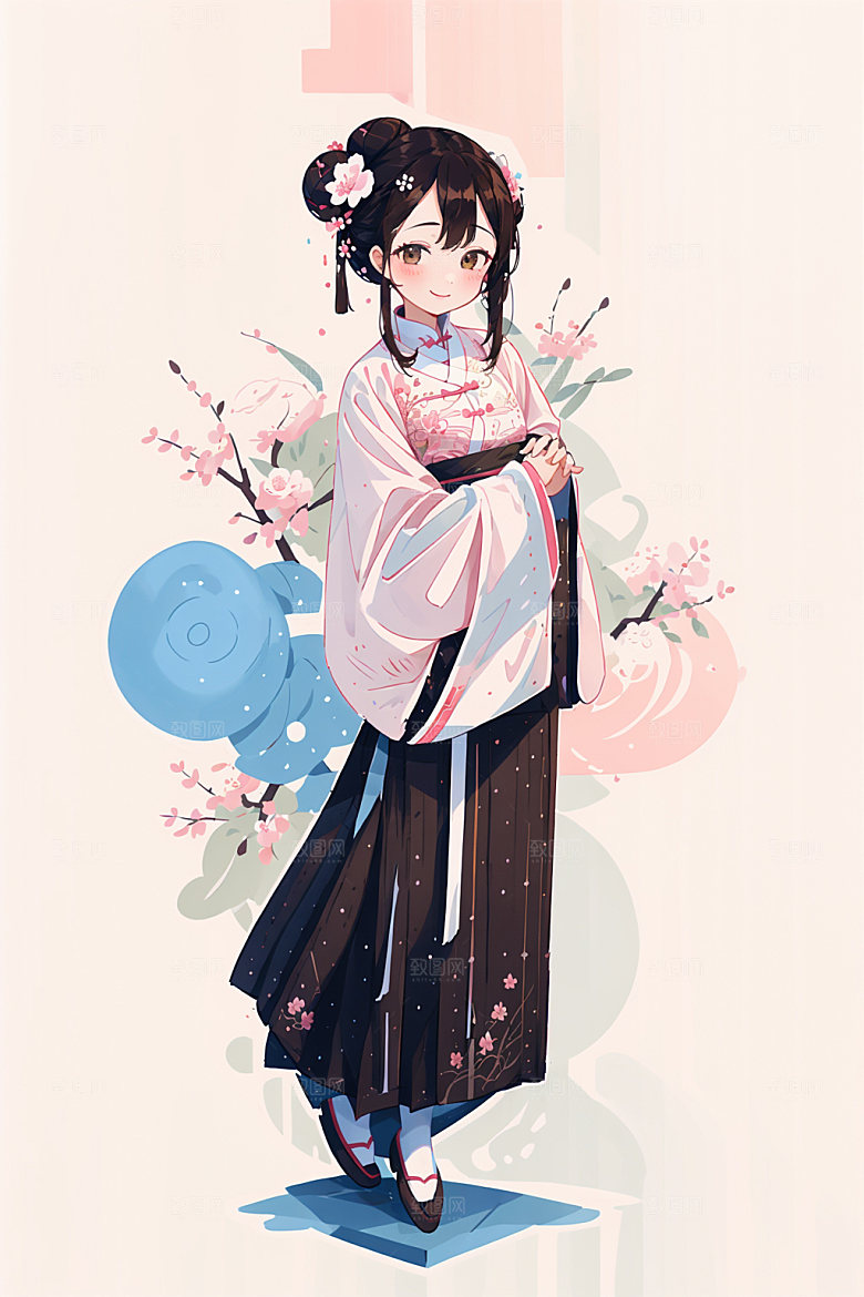 简约风汉服古风几何背景少女插画