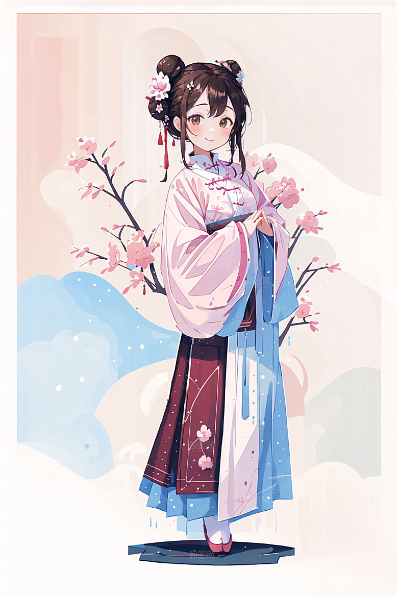 简约风汉服扁平化甜美少女插画