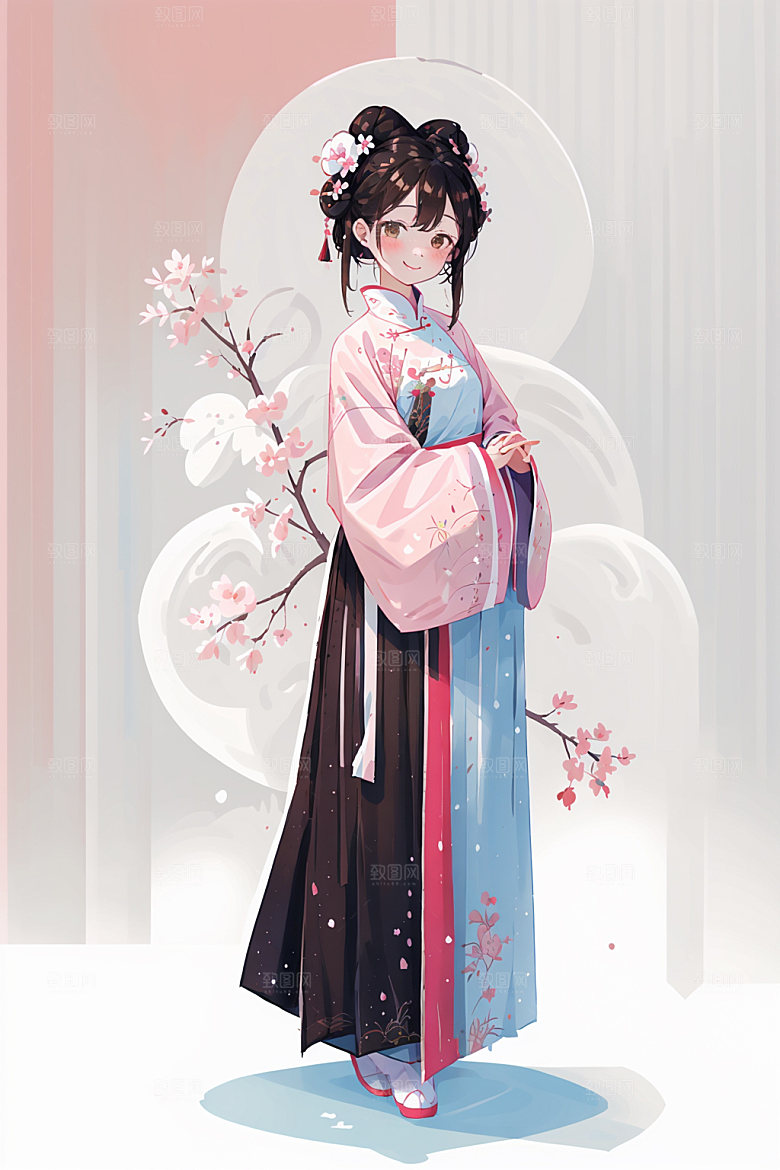 简约风汉服扁平化形象少女插画