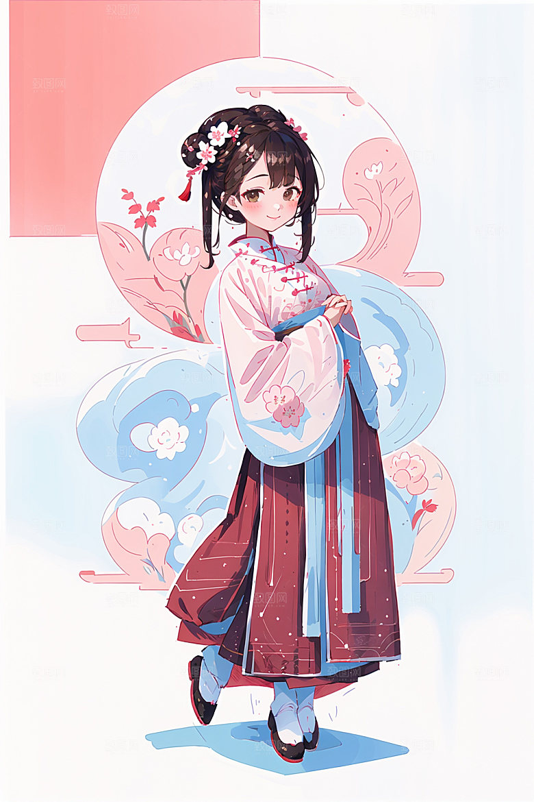 简约风汉服中国风几何背景少女插画