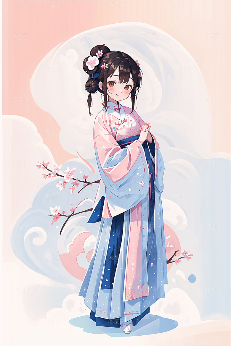 简约风汉服扁平化古风少女插画