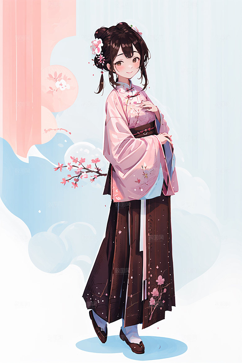 简约风汉服古风甜美少女插画
