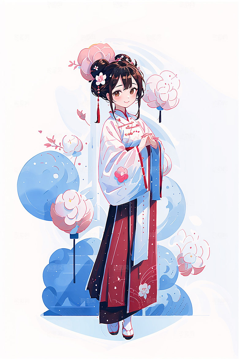 简约风汉服几何背景扁平化少女插画