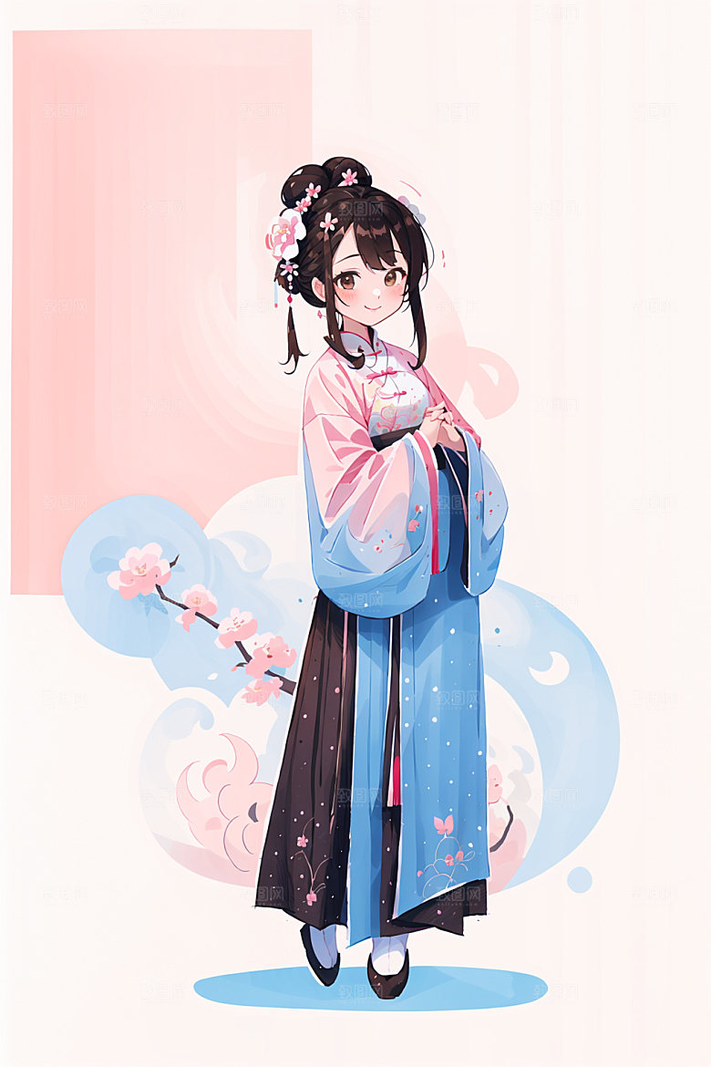 简约风汉服扁平化甜美少女插画
