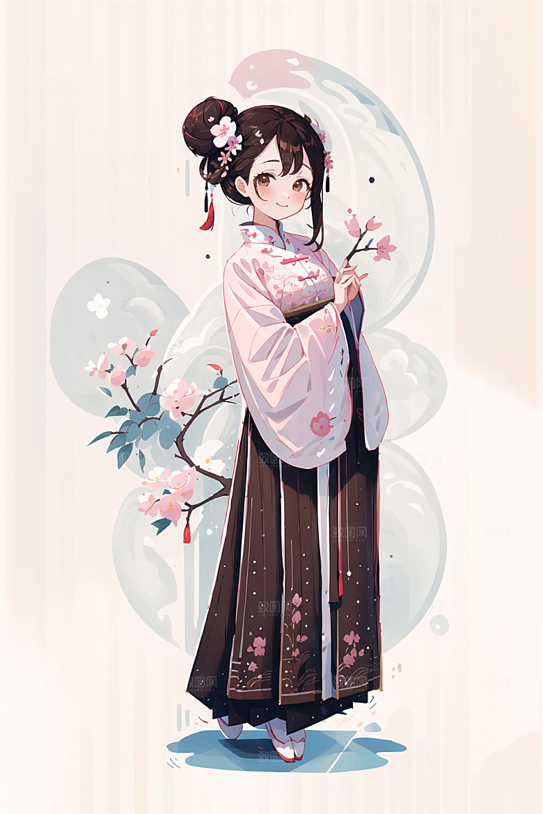 简约风汉服古风扁平化少女插画
