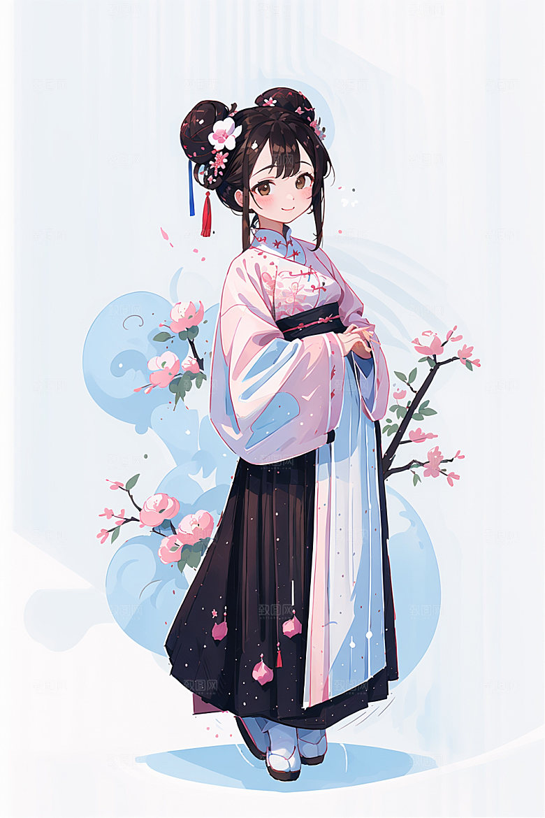 简约风汉服扁平化中国风少女插画