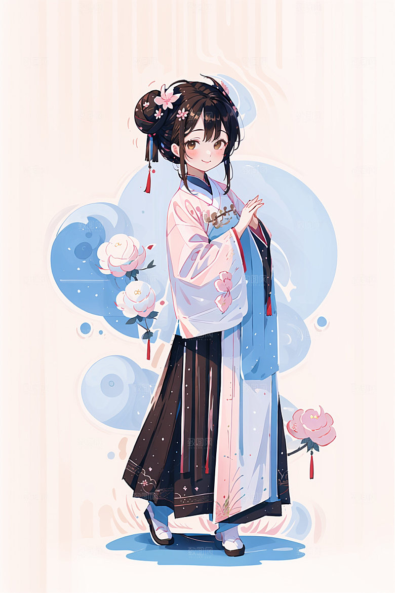 简约风汉服中国风几何背景少女插画