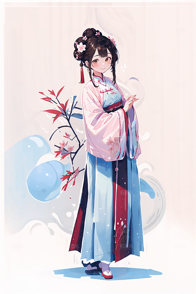 简约风汉服可爱几何背景少女插画