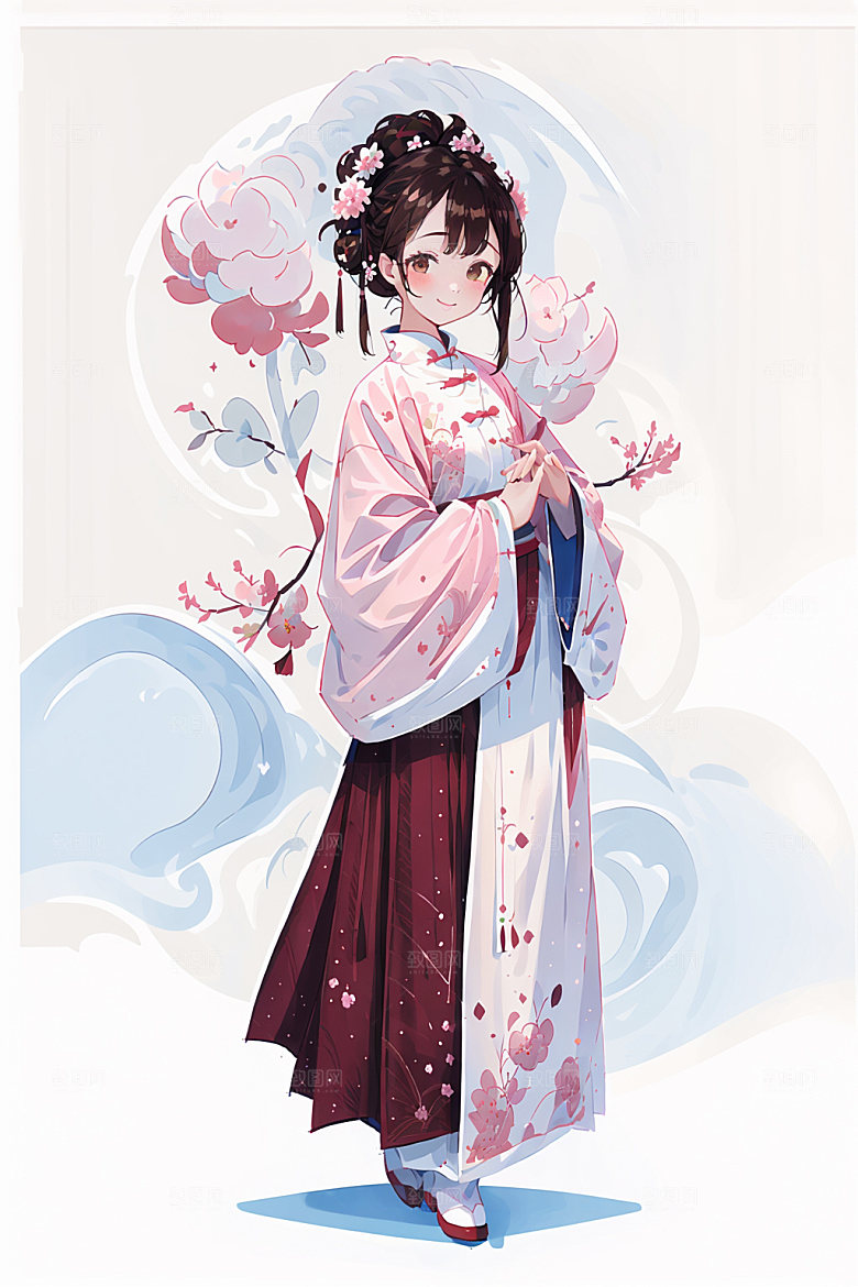 简约风汉服可爱扁平化少女插画