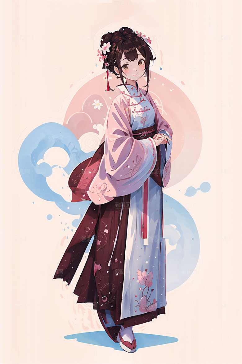 简约风汉服扁平化几何背景少女插画