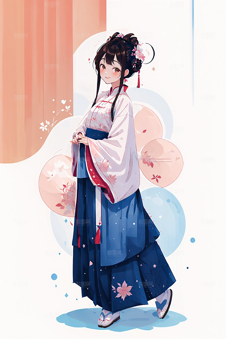 简约风汉服扁平化中国风少女插画