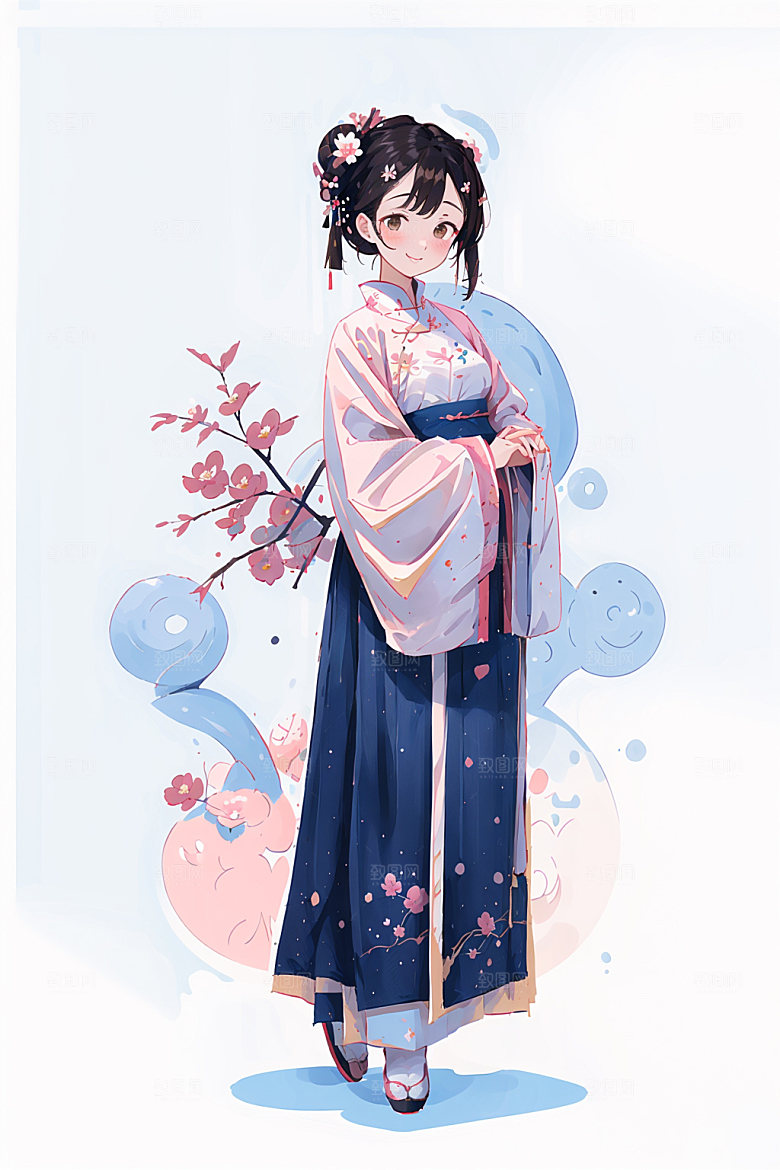 简约风汉服可爱几何背景少女插画