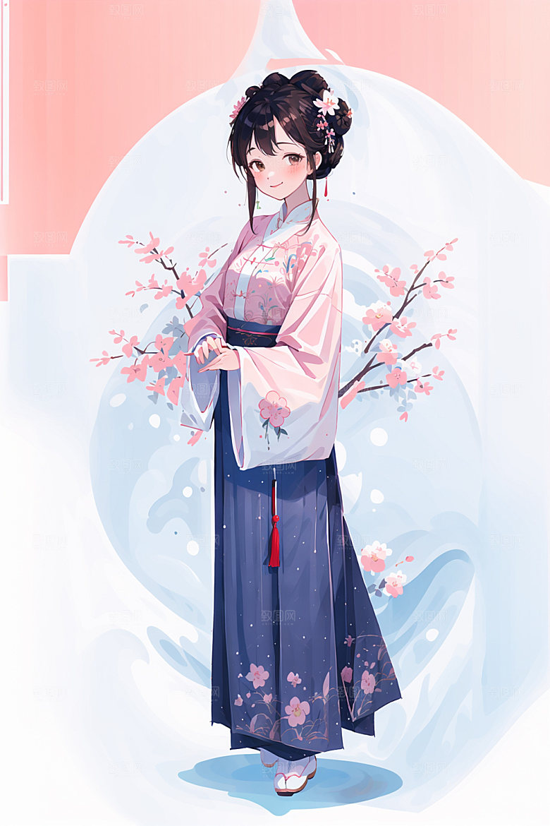 简约风汉服中国风可爱少女插画