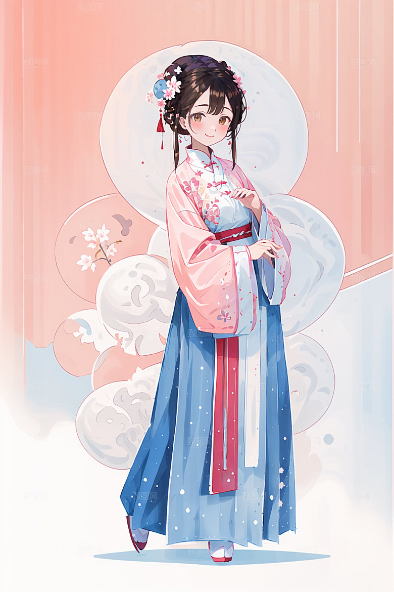 简约风汉服中国风甜美少女插画