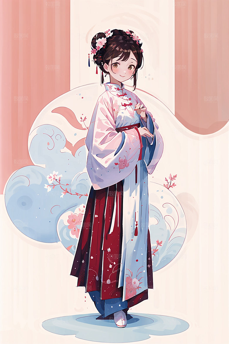 简约风汉服几何背景甜美少女插画