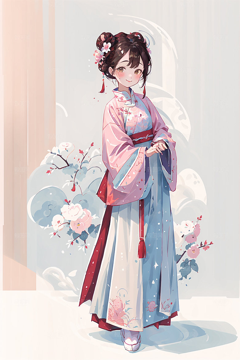 简约风汉服可爱扁平化少女插画