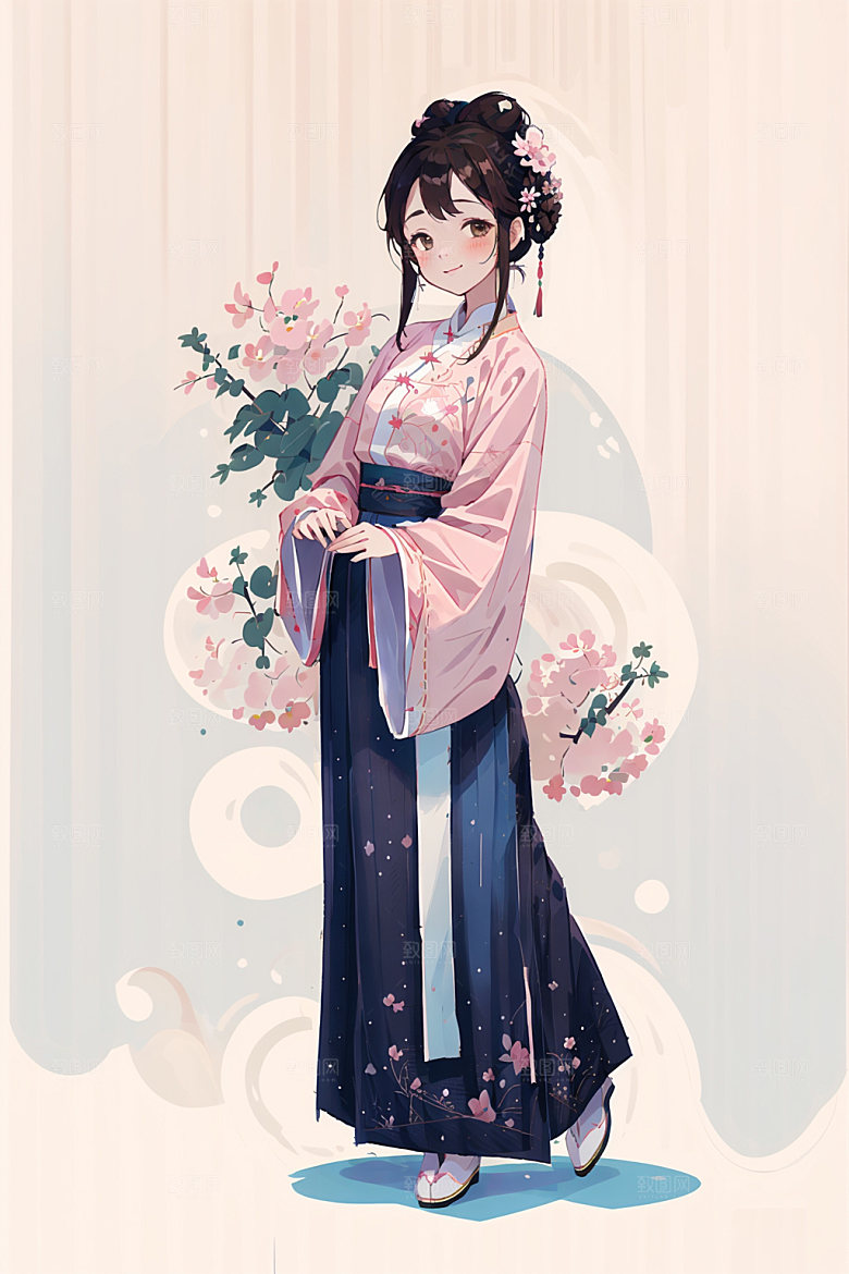简约风汉服几何背景扁平化少女插画