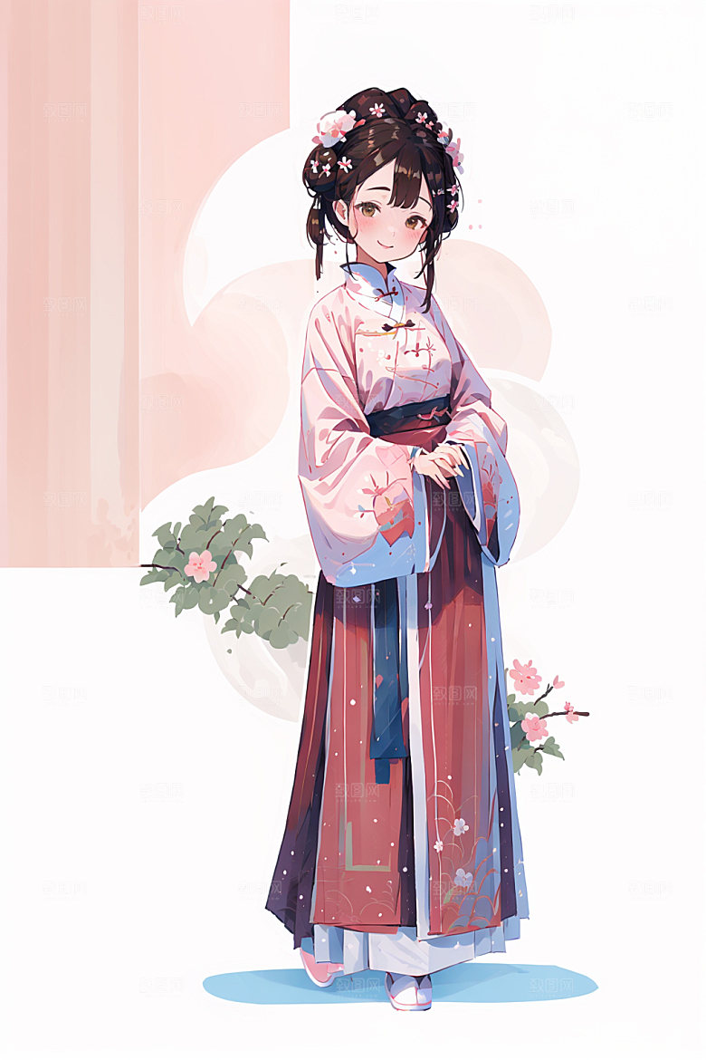 简约风汉服几何背景中国风少女插画
