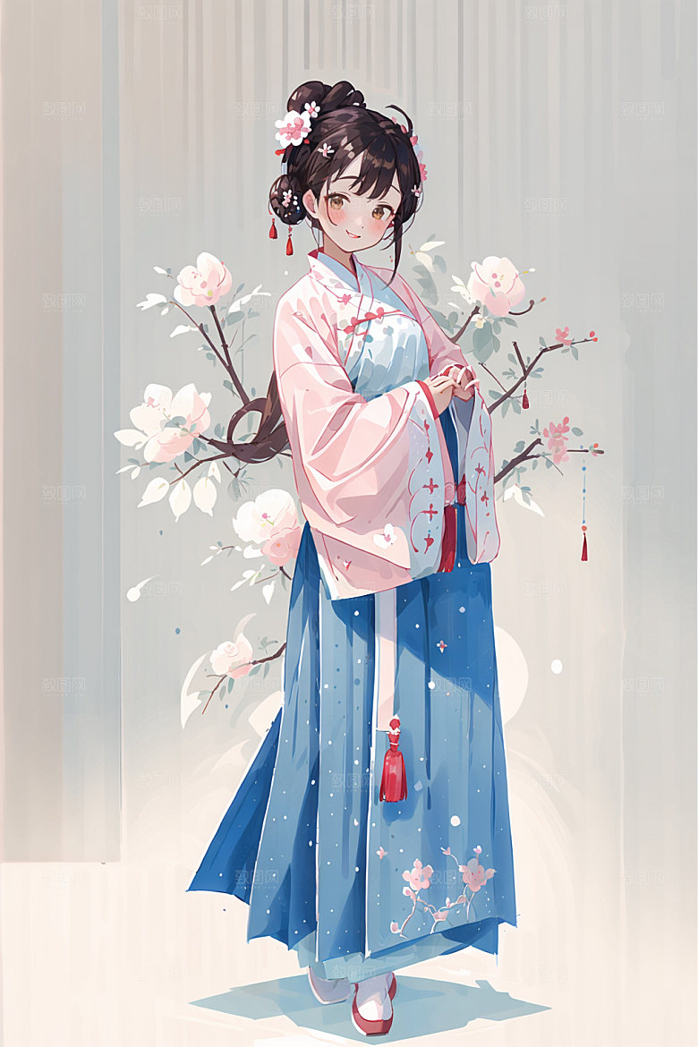 简约风汉服扁平化几何背景少女插画